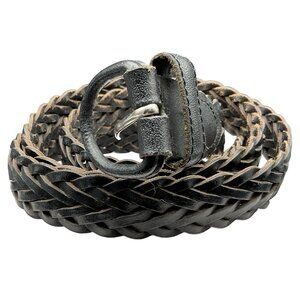 Black Braided Leather Belt With Metal Buckle Size 38 Genuine Leather Boho